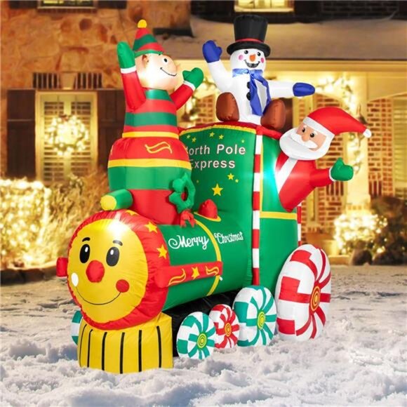 6ft Height Christmas Inflatable Santa Claus on The Train with Elf and Snowman